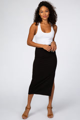 Black Ribbed Side Slit Maternity Midi Skirt