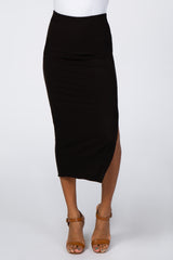Black Ribbed Side Slit Midi Skirt
