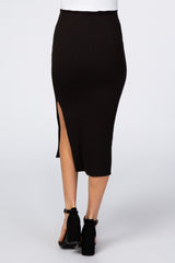 Black Ribbed Side Slit Maternity Midi Skirt