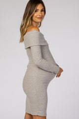 Heather Grey Soft Ribbed Folded Neck Off Shoulder Maternity Dress