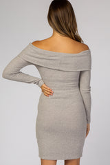 Heather Grey Soft Ribbed Folded Neck Off Shoulder Maternity Dress