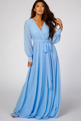 Light Blue Chiffon Long Sleeve Maternity Maxi Dress