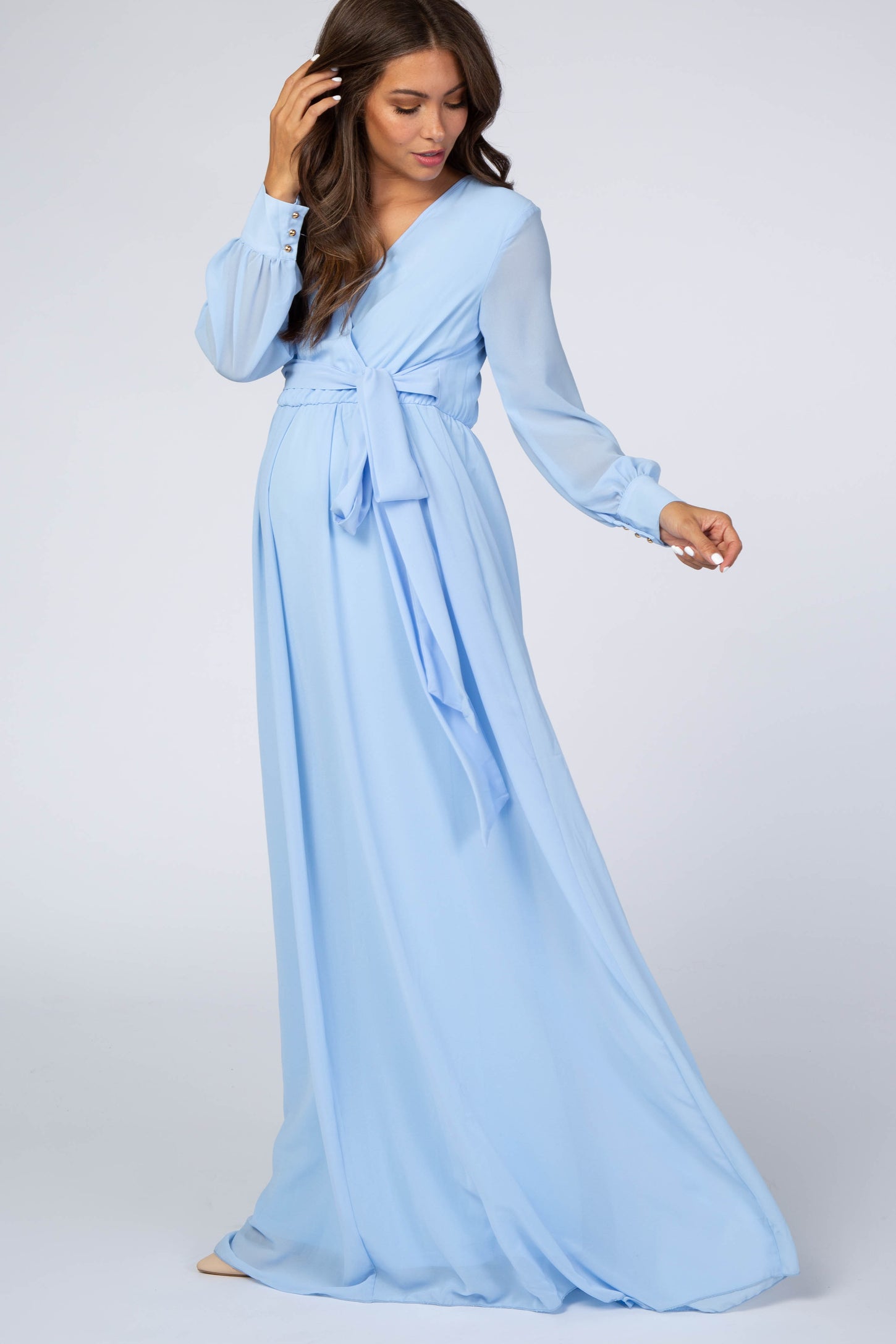 Light Blue Chiffon Long Sleeve Maternity Maxi Dress