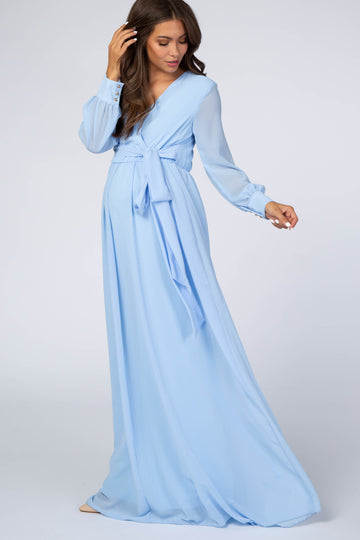 Light Blue Chiffon Long Sleeve Maternity Maxi Dress