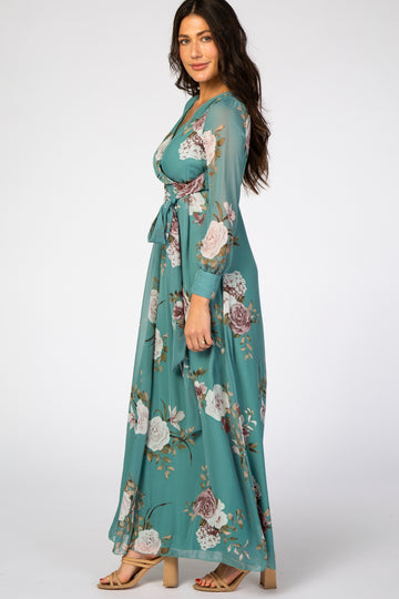 Teal Floral Chiffon Maternity Maxi Dress