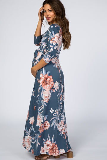 Blue Pink Floral Wrap Maternity Maxi Dress