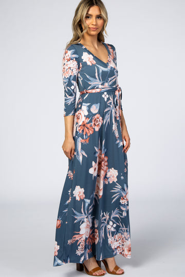 Blue Pink Floral Wrap Maxi Dress