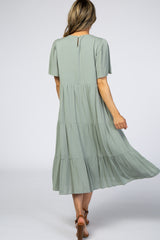 Light Olive Floral Embroidered Tiered Midi Dress