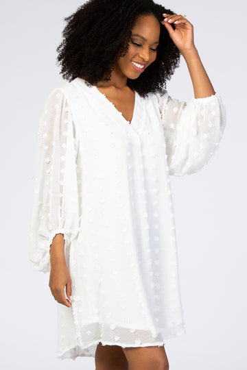 White Swiss Dot Bubble Sleeve Dress