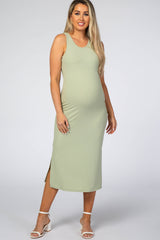 Light Green Ribbed Sleeveless Fitted Midi Maternity Dress