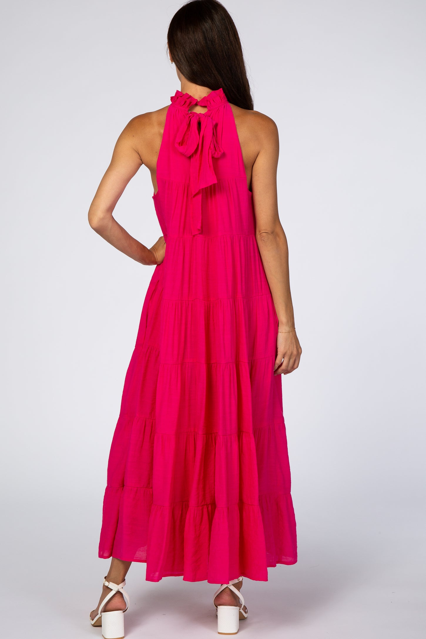 Fuchsia Tiered High Neck Maxi Dress