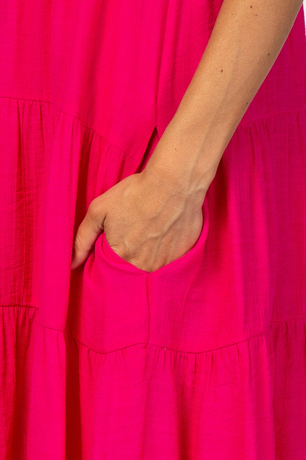 Fuchsia Tiered High Neck Maxi Dress