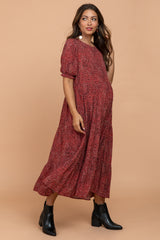 Rust Printed Tiered Maternity Midi Dress