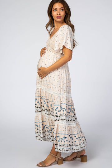Cream Printed Smocked Maternity Midi Dress