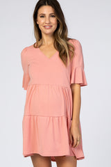 Pink Tiered Ruffle Sleeve Maternity Dress