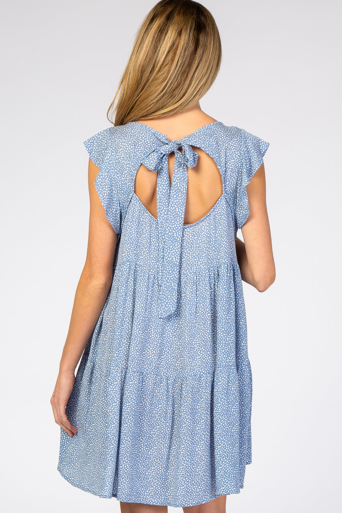 Blue Dotted Ruffle Sleeve Back Cutout Maternity Dress