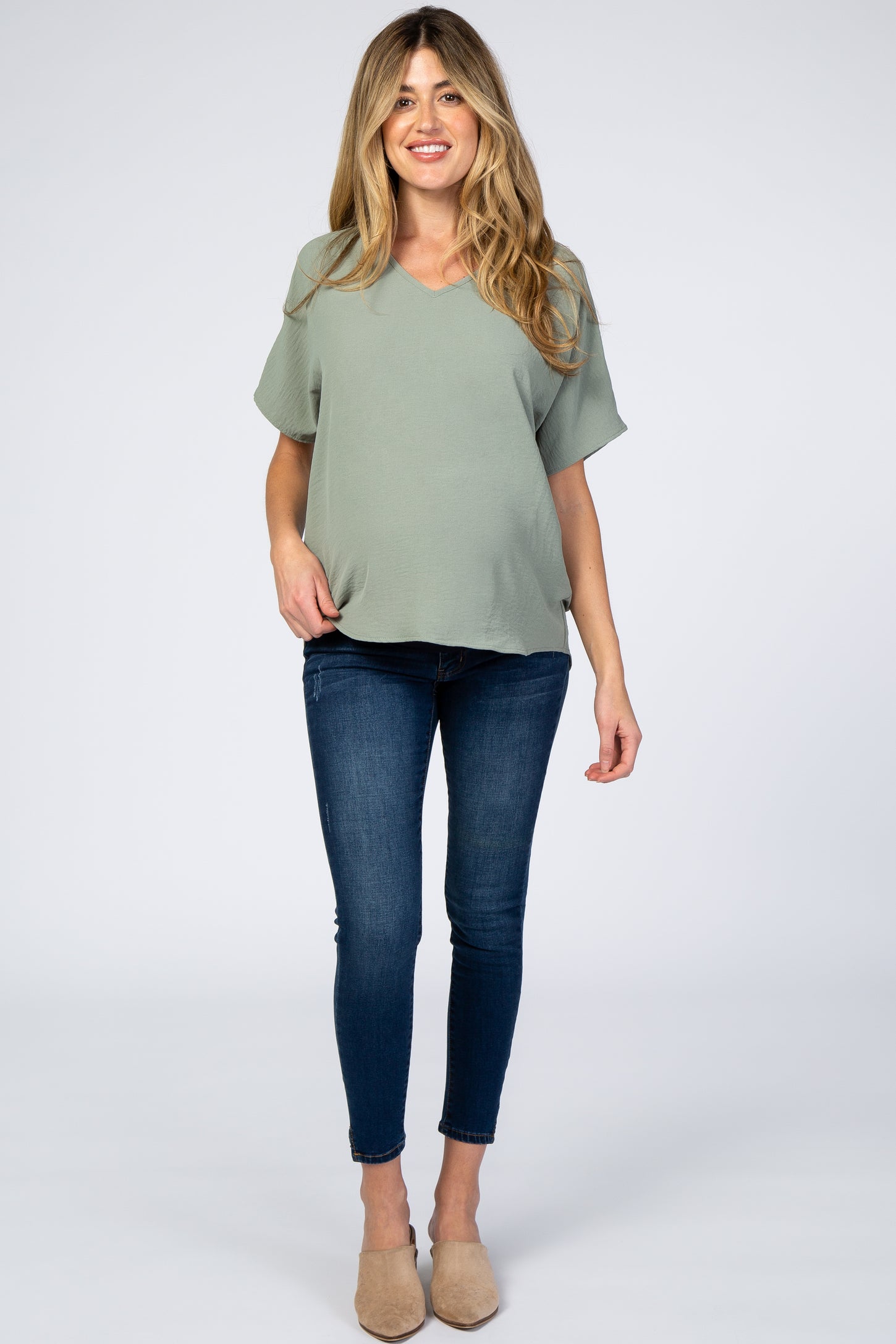 Light Olive Short Sleeve Maternity Blouse