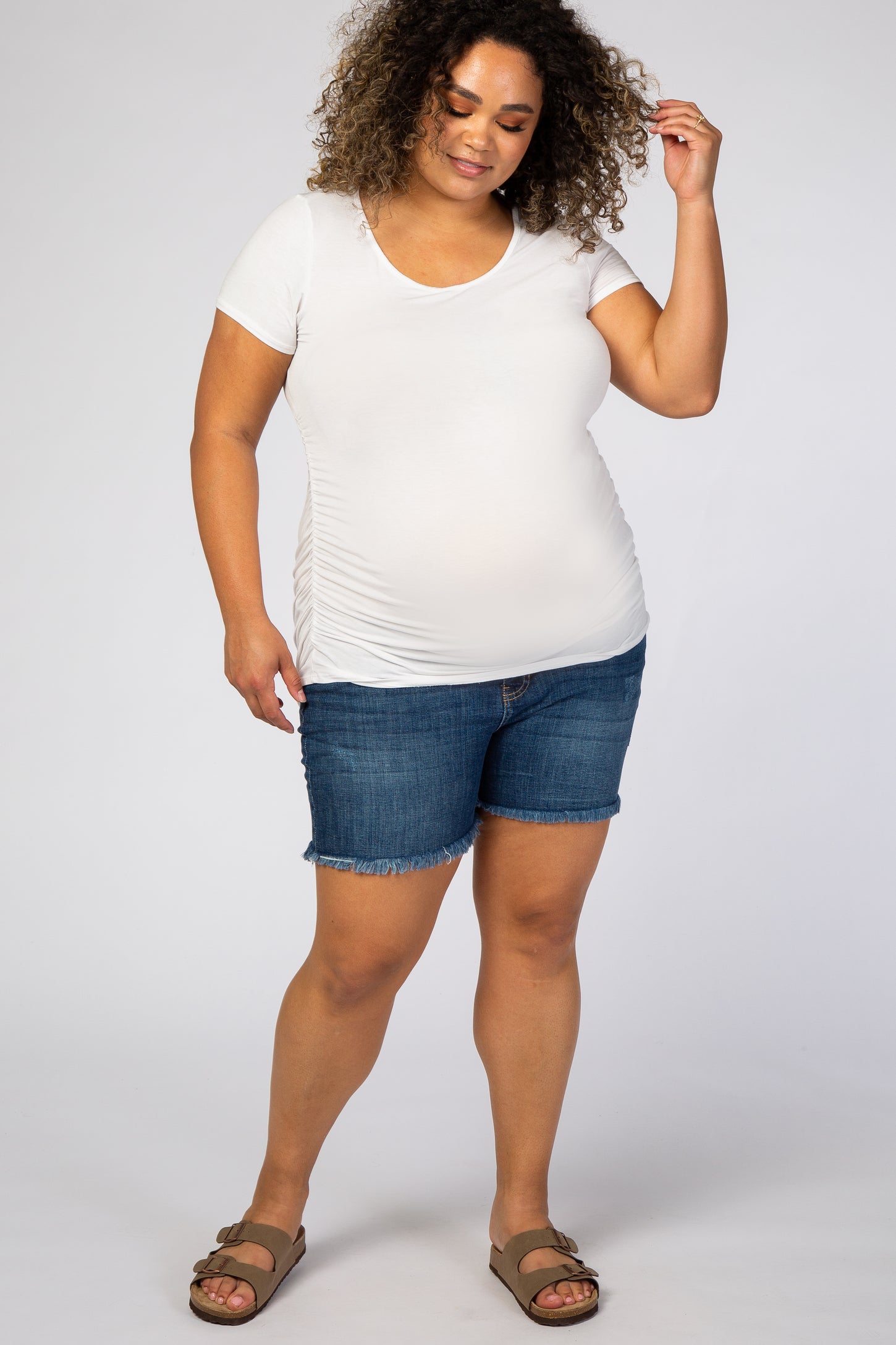 Navy Fringe Hem Maternity Plus Shorts