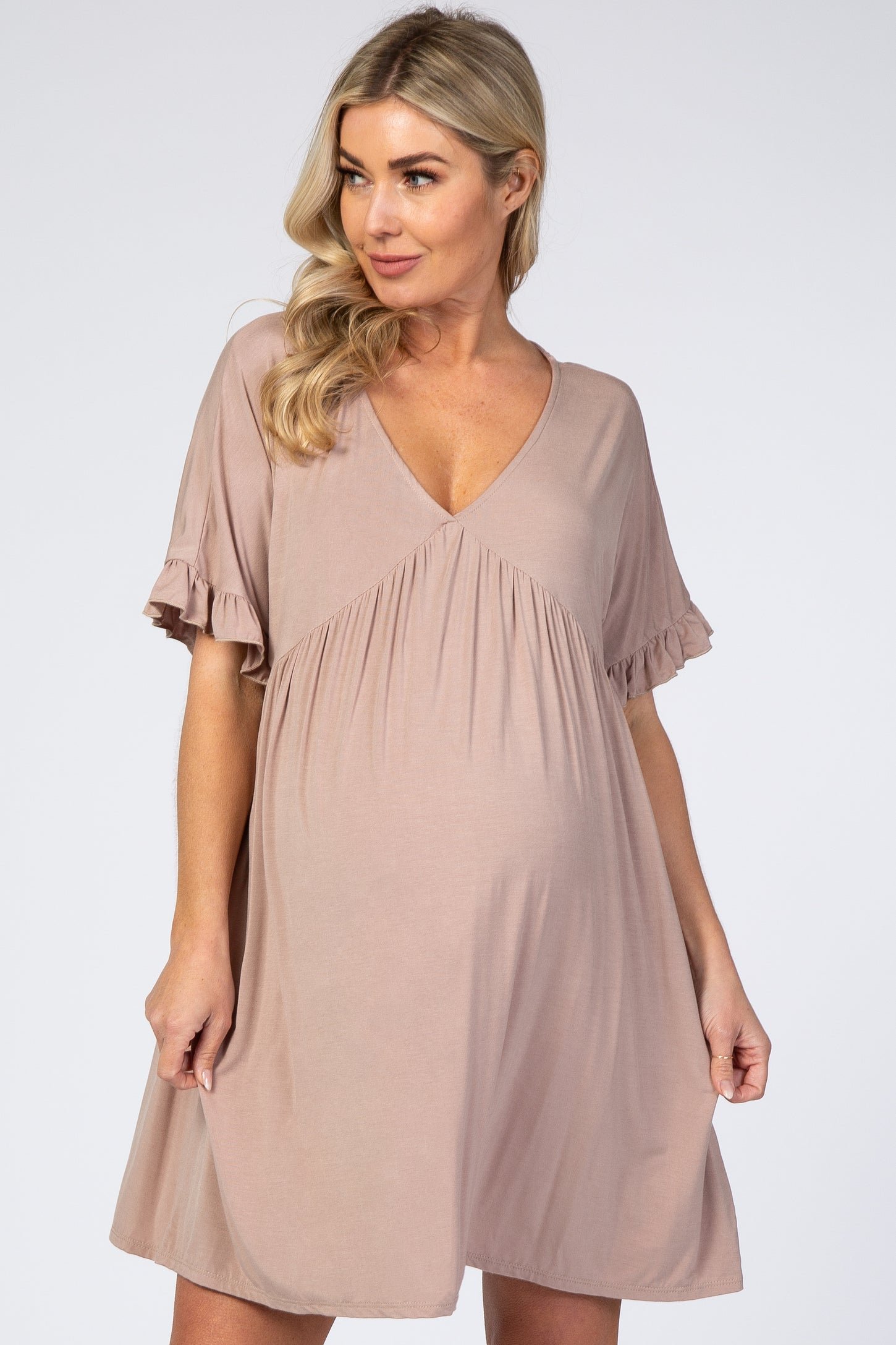 Taupe Ruffle Sleeve Baby Doll Maternity Dress