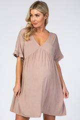 Taupe Ruffle Sleeve Baby Doll Maternity Dress
