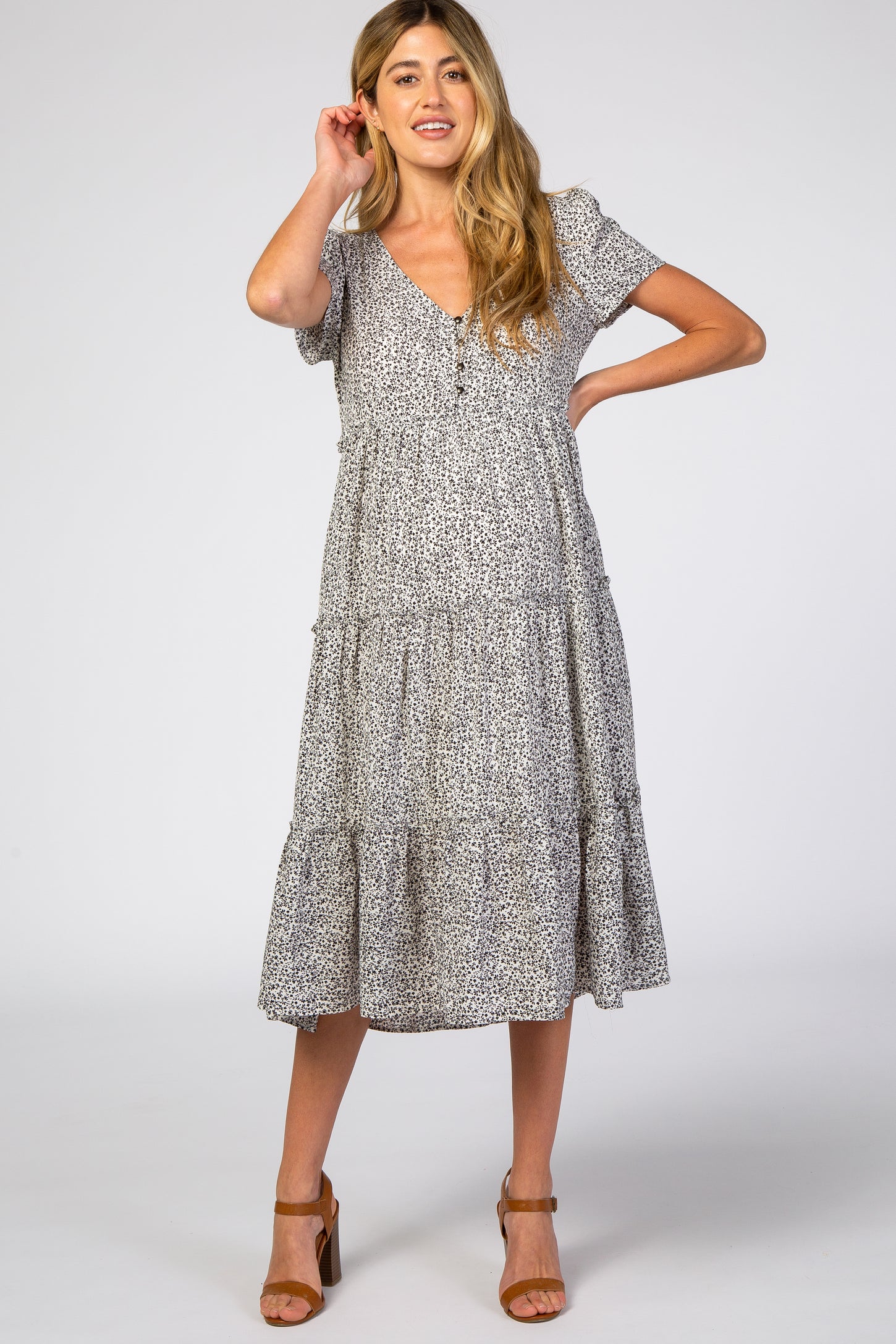 Black Floral Chiffon Ruffle Hem Maternity Midi Dress