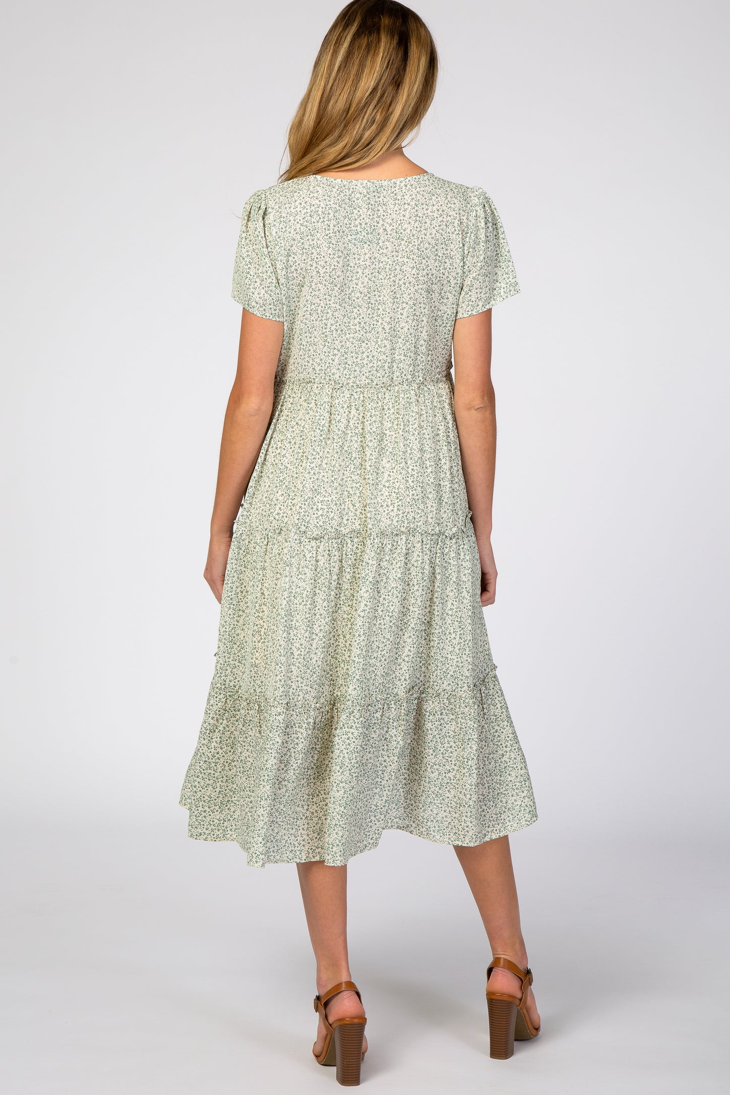 Light Olive Floral Chiffon Ruffle Hem Maternity Midi Dress