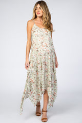 Light Mint Floral Asymmetrical Hem Maternity Dress