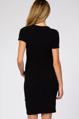 Black Knit Wrap Fitted Maternity/Nursing Dress