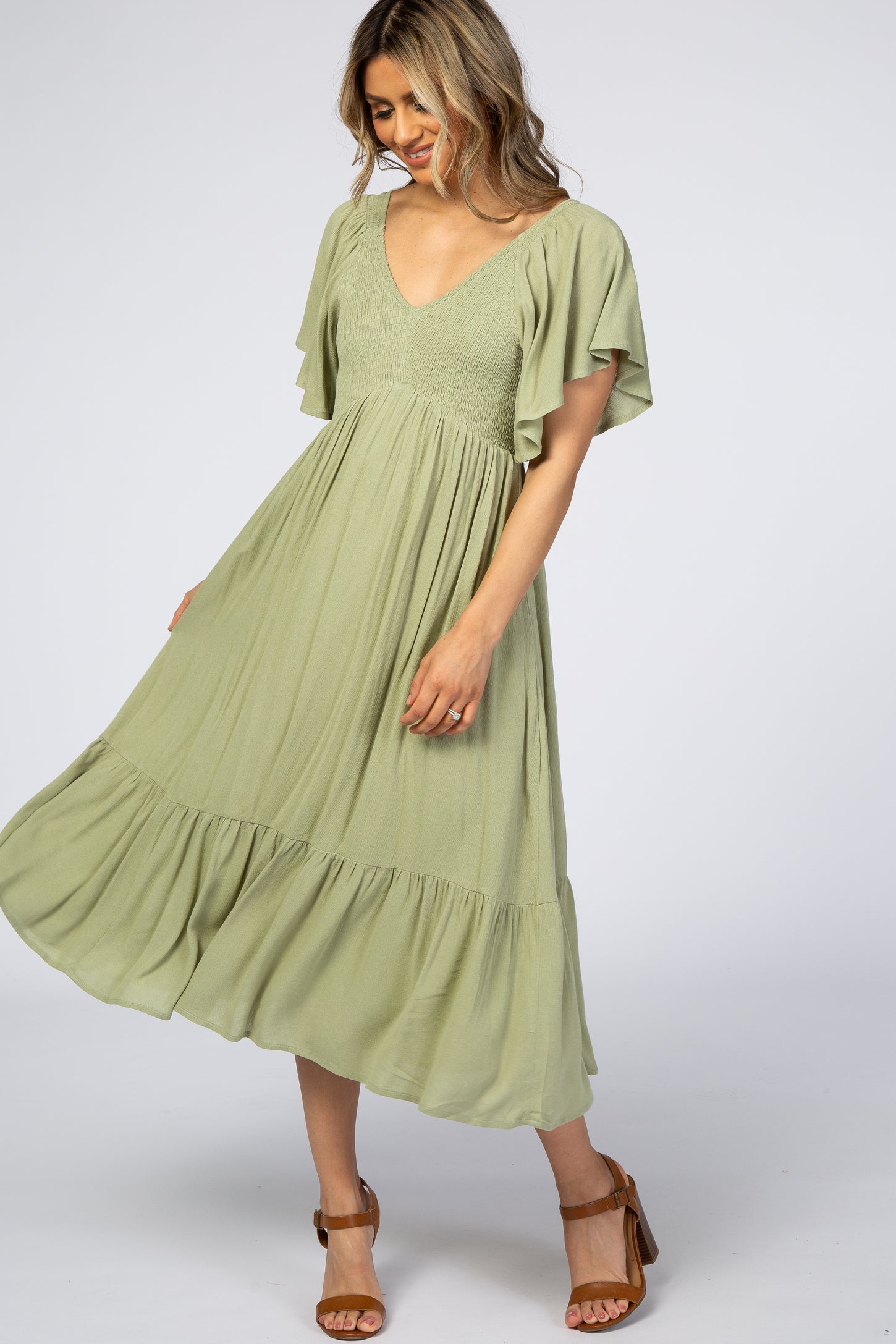 Light Olive Smocked Ruffle Dress