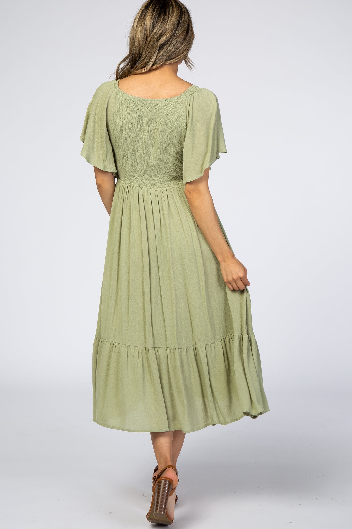 Light Olive Smocked Ruffle Dress
