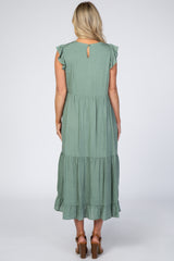 Sage Ruffle Sleeve Tiered Maternity Midi Dress