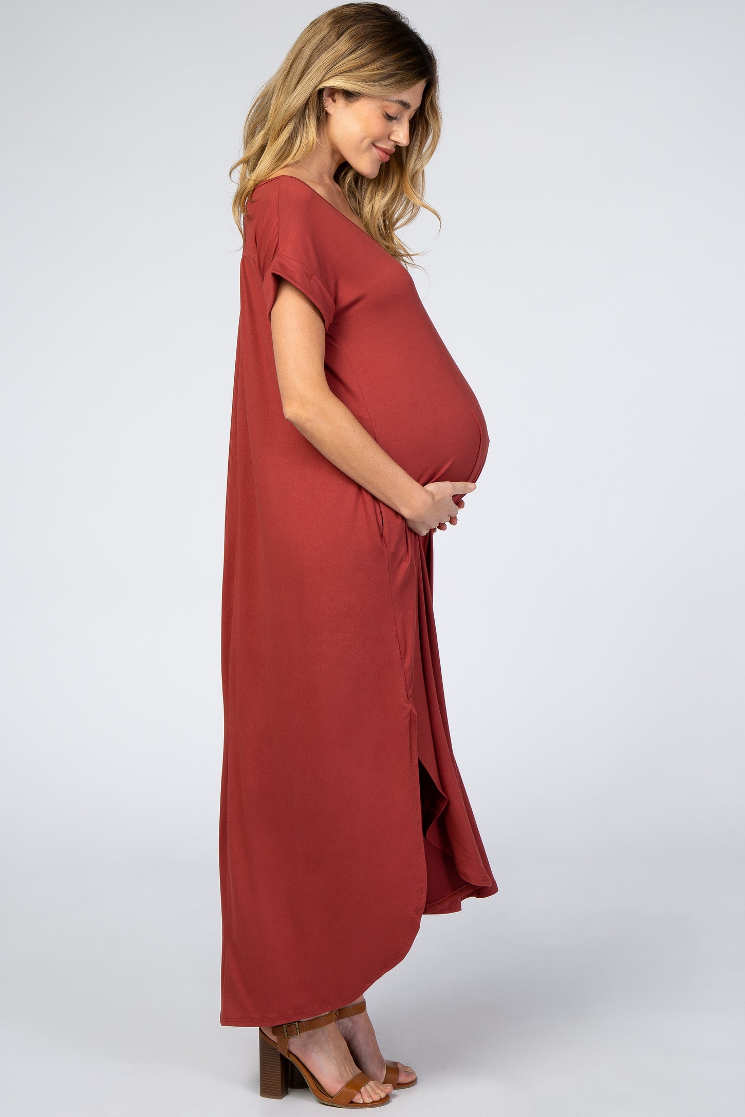 Rust Side Slit Maternity Maxi Dress