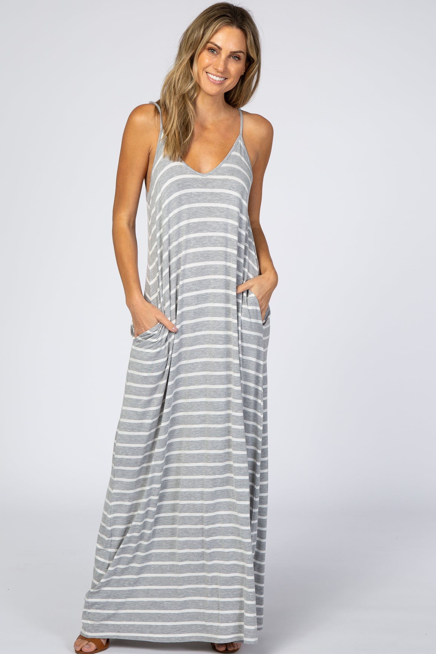 Heather Grey Striped Cami Strap Maxi Dress
