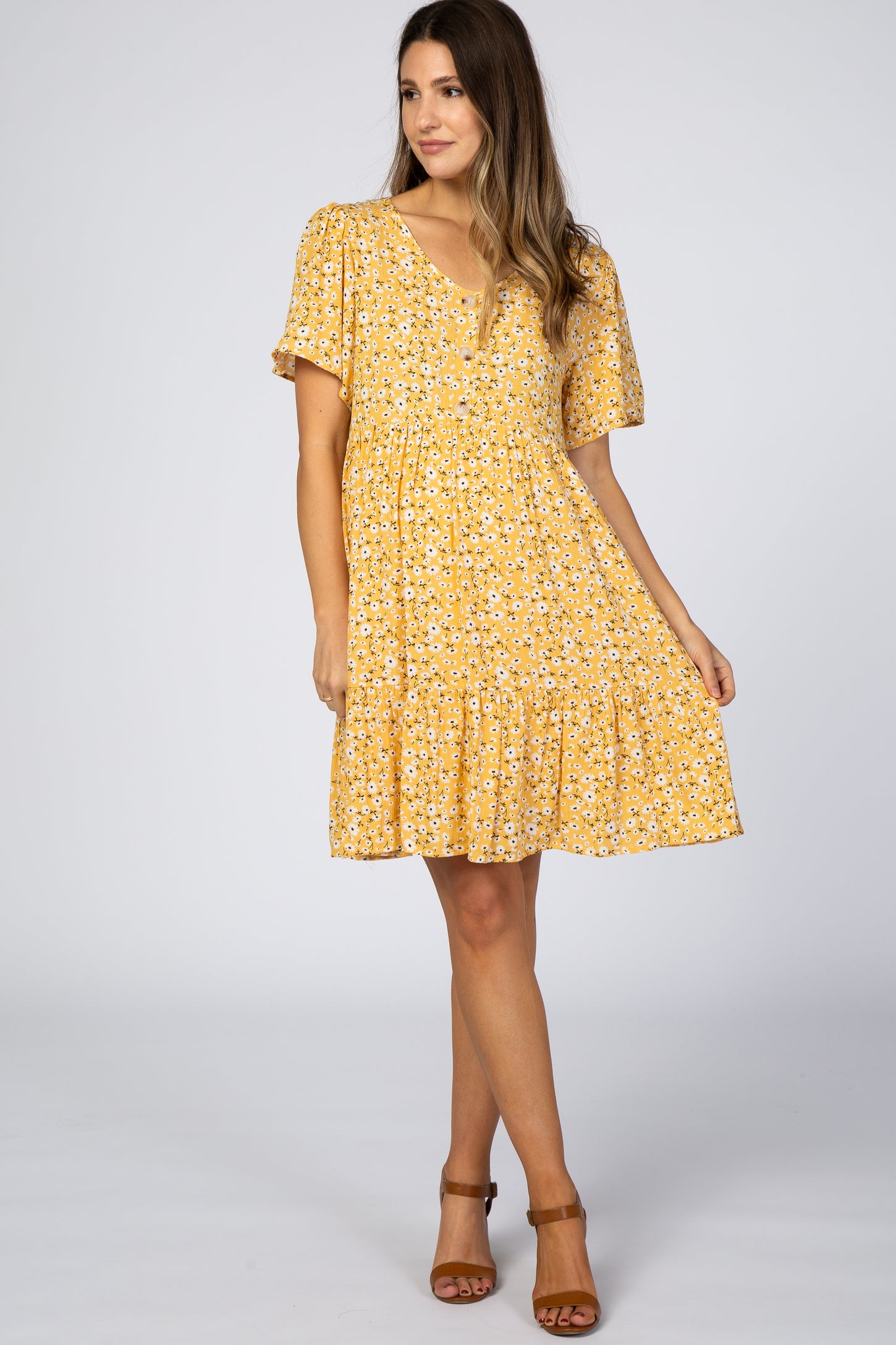Yellow Floral Button Front Maternity Dress