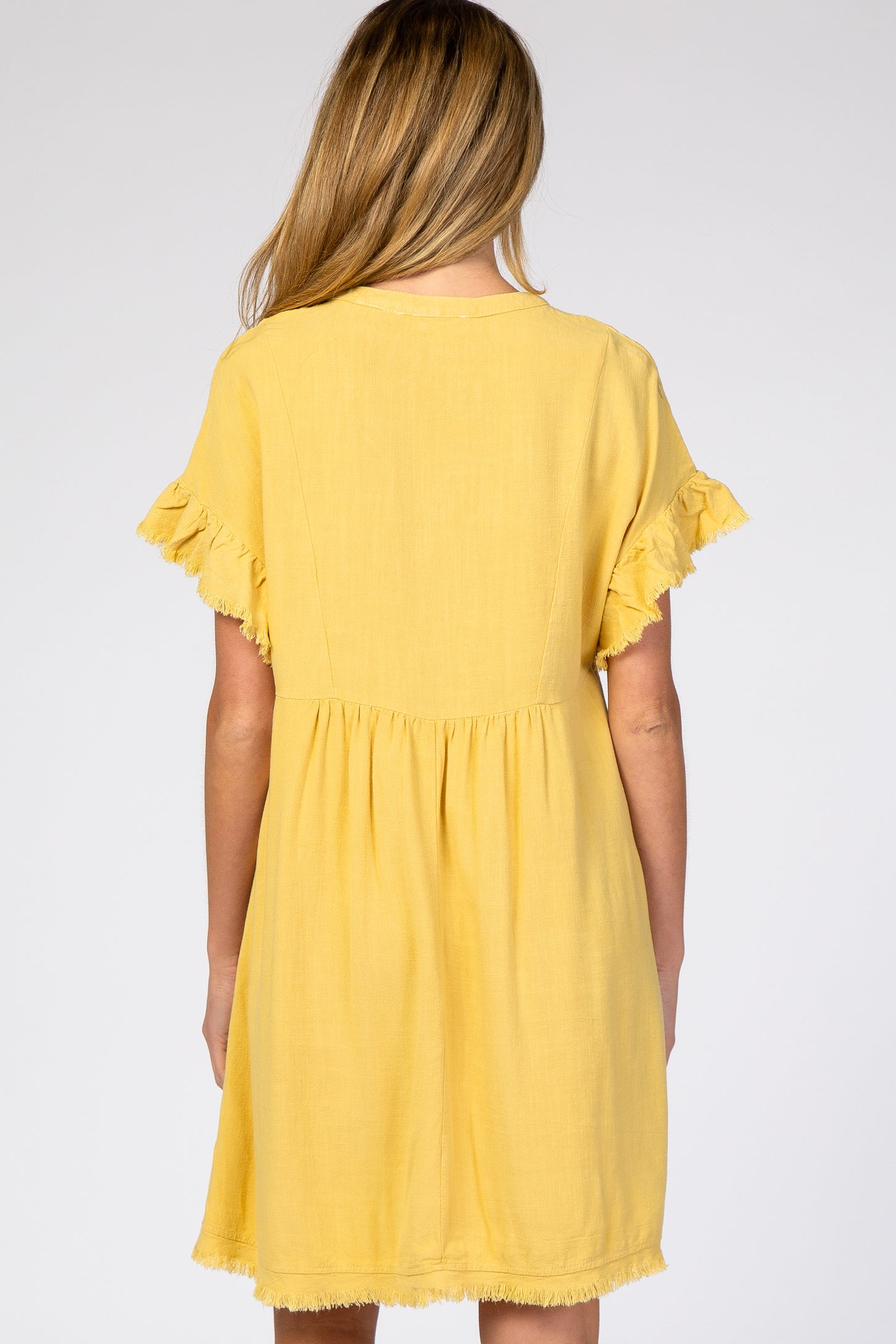 Yellow Linen Fringe Trim Babydoll Maternity Dress