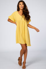 Yellow Linen Fringe Trim Babydoll Maternity Dress