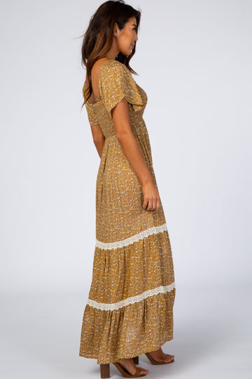 Gold Floral Square Neck Smocked Front Lace Trim Maxi Dress
