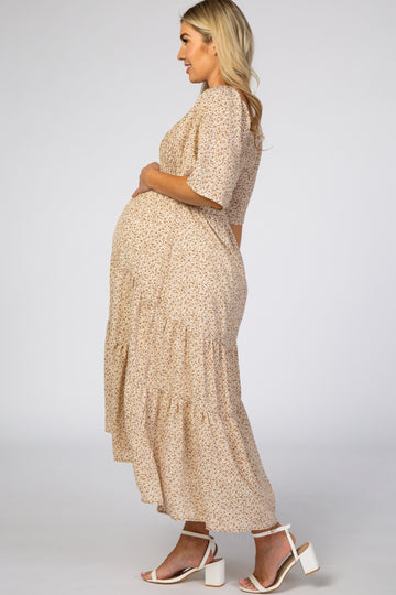 Ivory Floral Smocked Square Neck Maternity Midi Dress