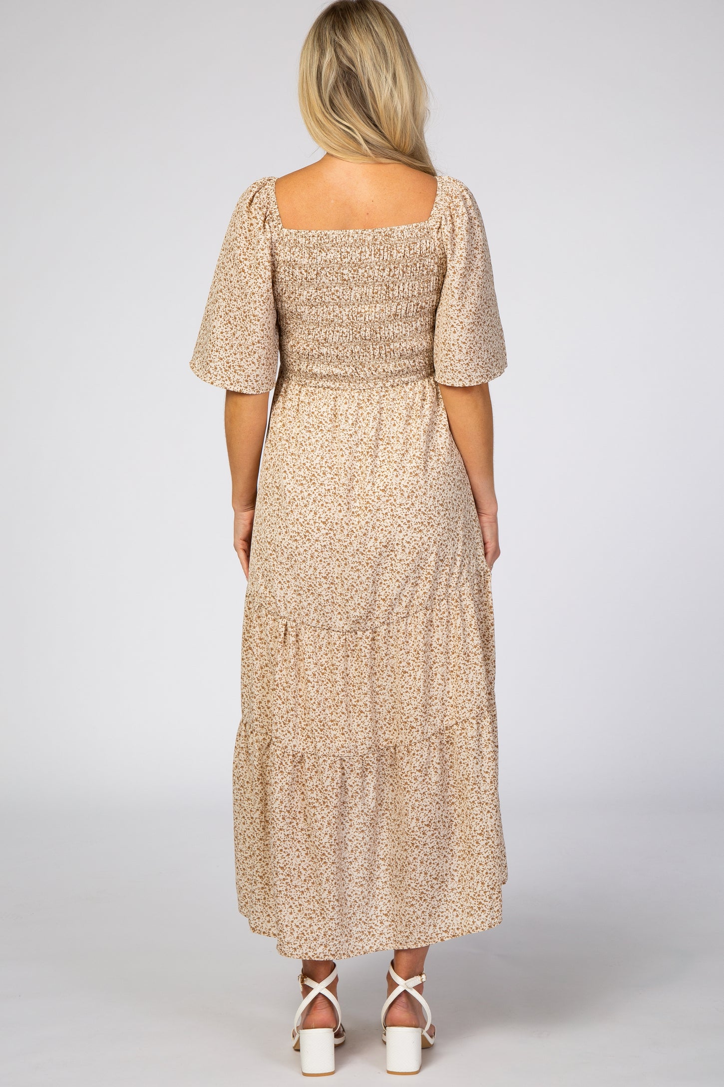 Ivory Floral Smocked Square Neck Maternity Midi Dress