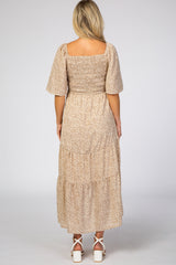 Ivory Floral Smocked Square Neck Maternity Midi Dress