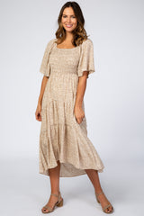 Ivory Floral Smocked Square Neck Midi Dress