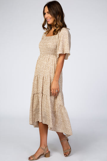Ivory Floral Smocked Square Neck Midi Dress
