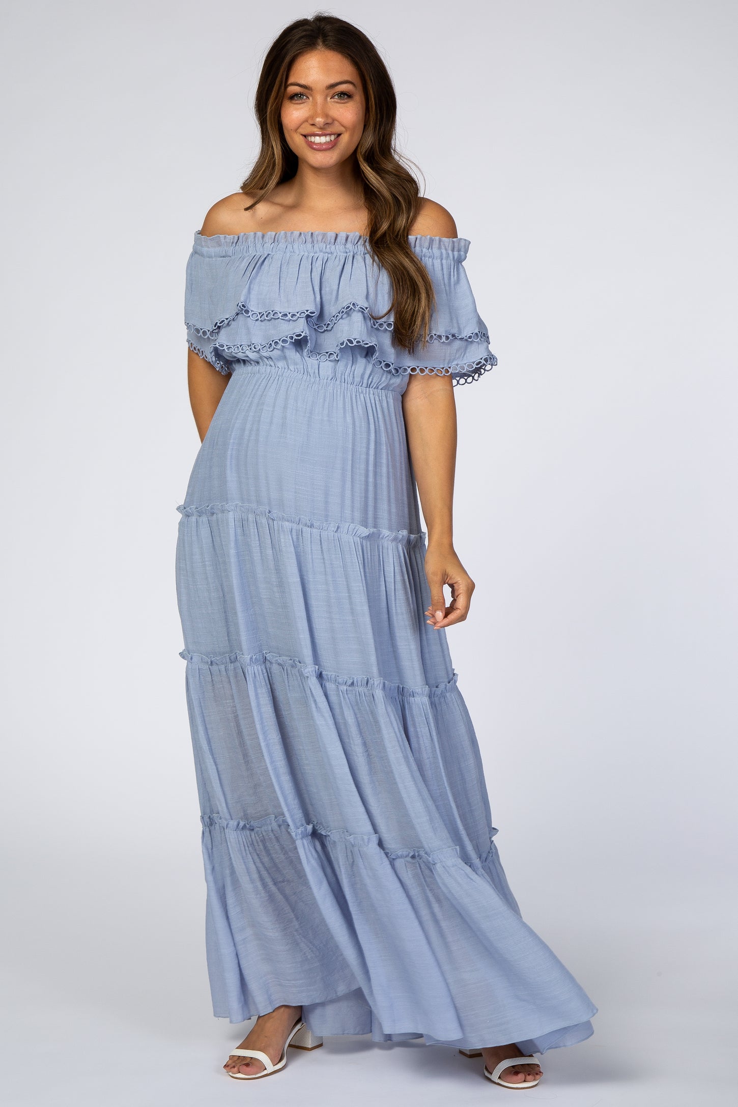 Light Blue Off Shoulder Eyelet Tiered Maternity Maxi Dress