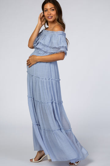 Light Blue Off Shoulder Eyelet Tiered Maternity Maxi Dress