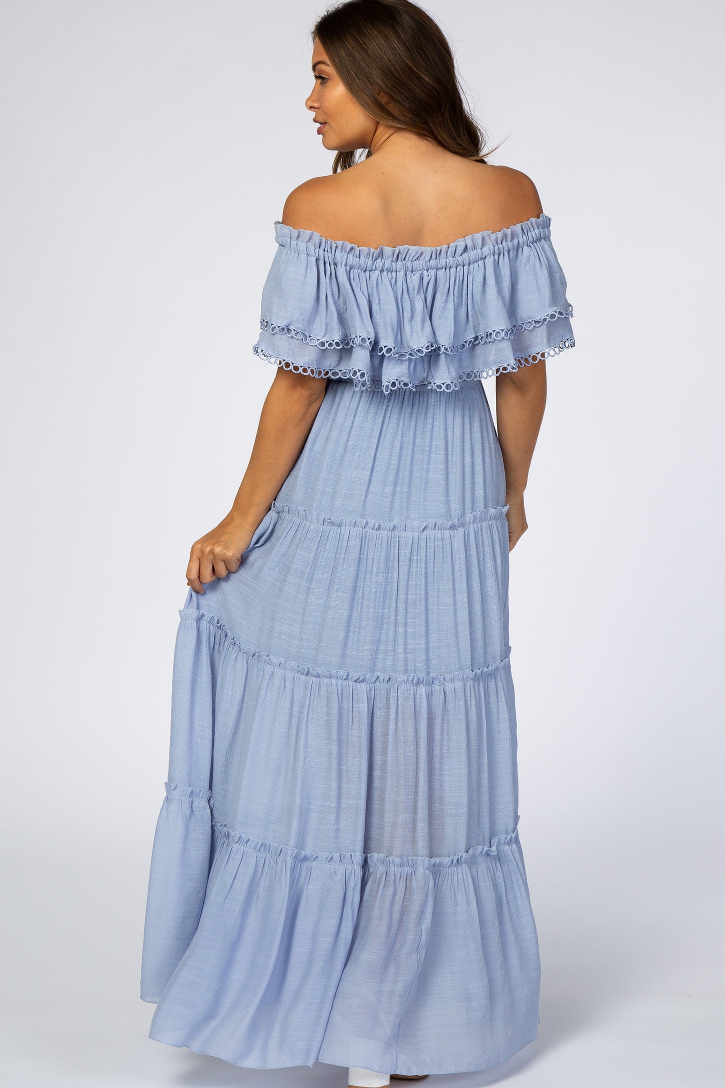 Light Blue Off Shoulder Eyelet Tiered Maternity Maxi Dress