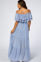 Light Blue Off Shoulder Eyelet Tiered Maternity Maxi Dress