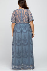Blue Lace Mesh Overlay Plus Maxi Dress