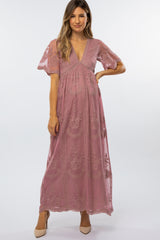 Mauve Lace Mesh Overlay Maternity Maxi Dress