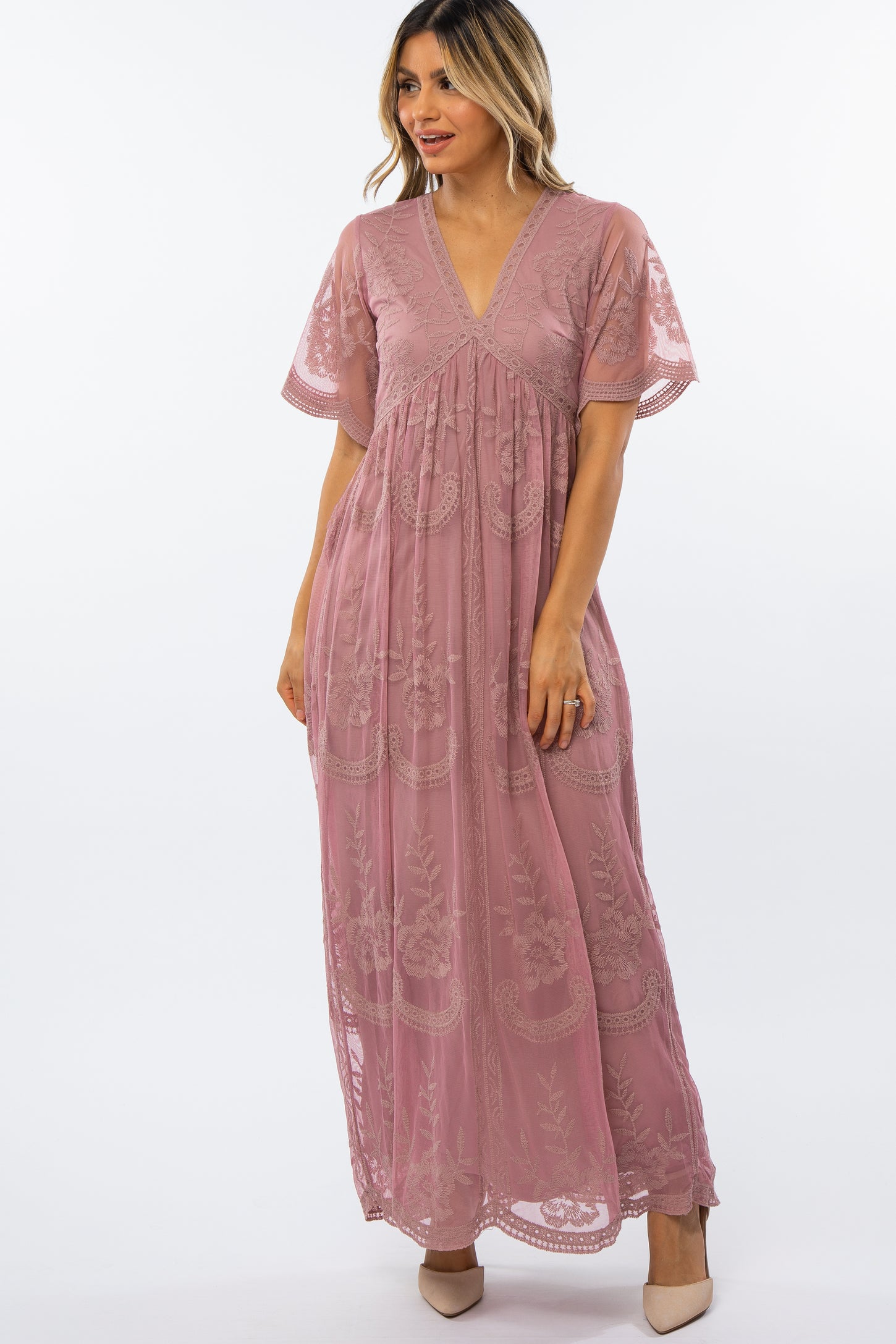Mauve Lace Mesh Overlay Maternity Maxi Dress