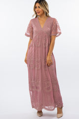 Mauve Lace Mesh Overlay Maternity Maxi Dress